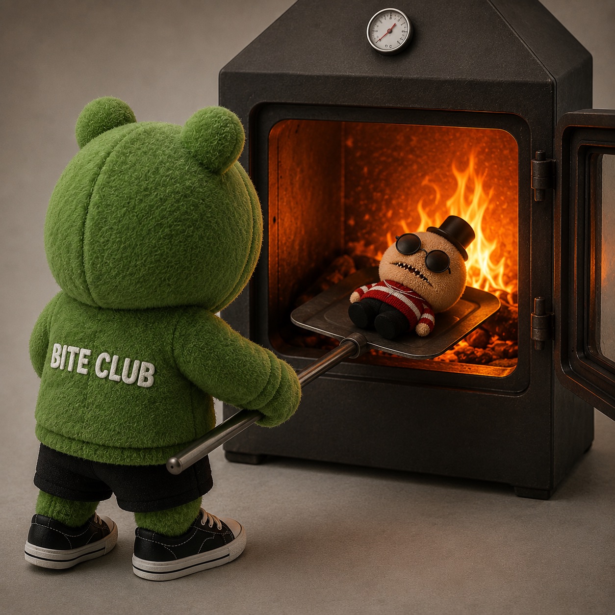 Bite Club characters operating the community burn furnace